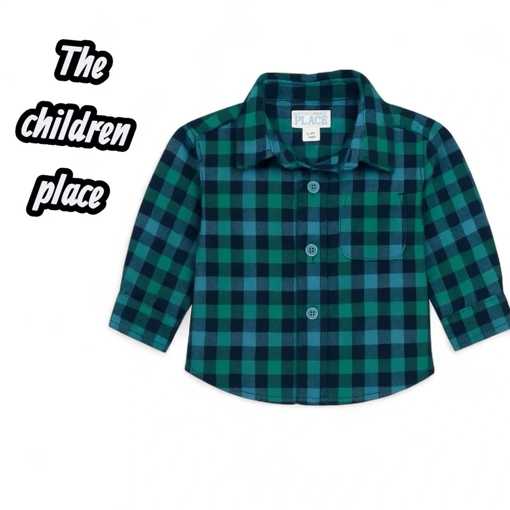 Cozy flannel button-up shirt from The Children’s Place, size 6–9 months.